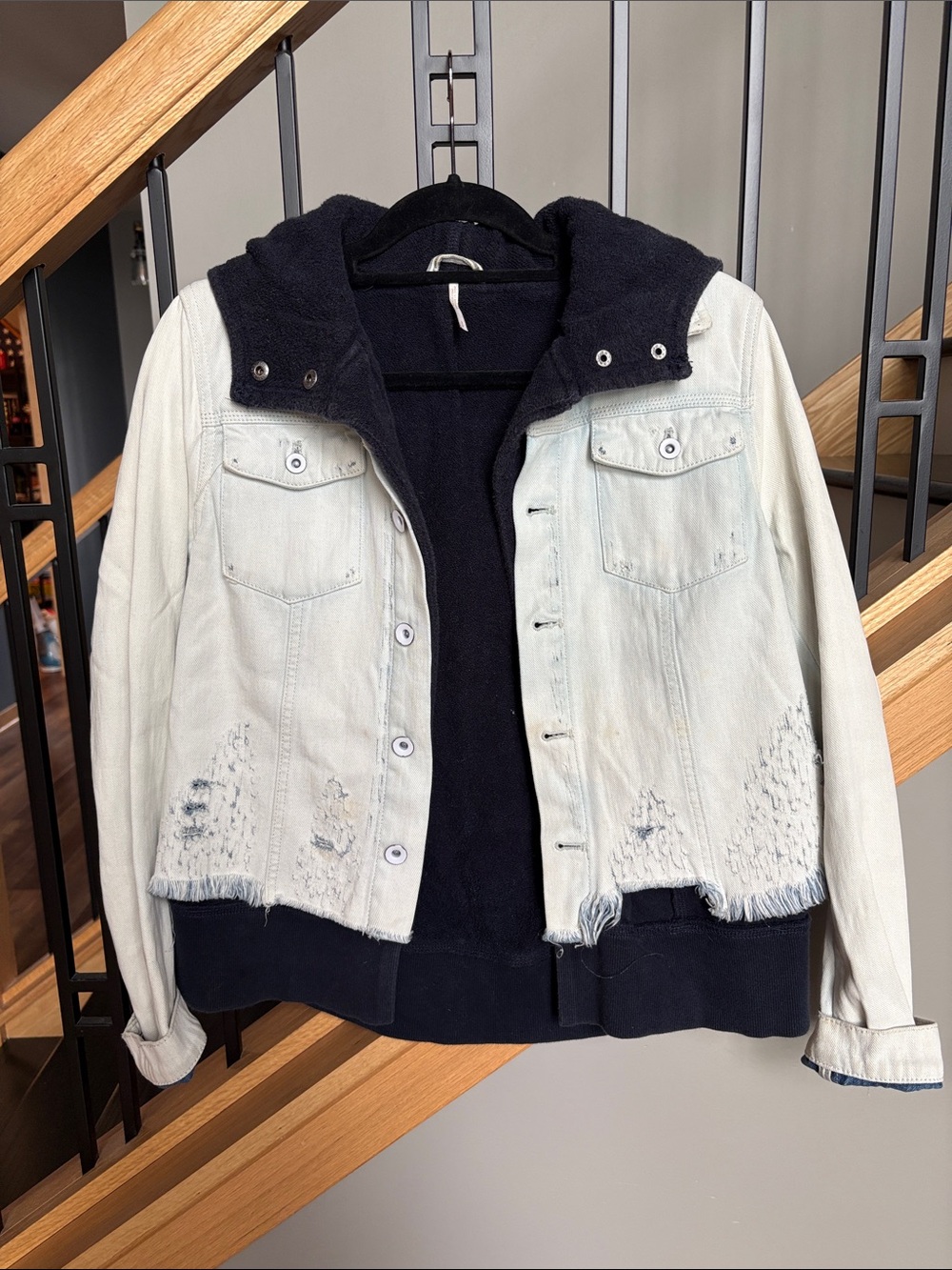 Women's Urban Outfitters Light Blue Distressed Denim Jacket with Navy Hood